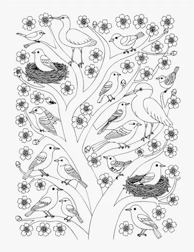 Birds in a Blossom Tree coloring page