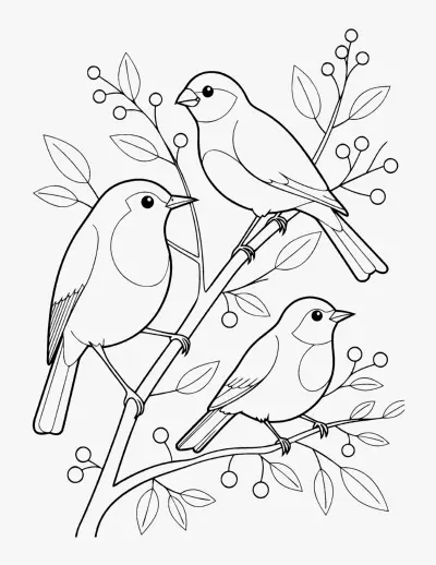 Garden Birds on a Branch coloring page