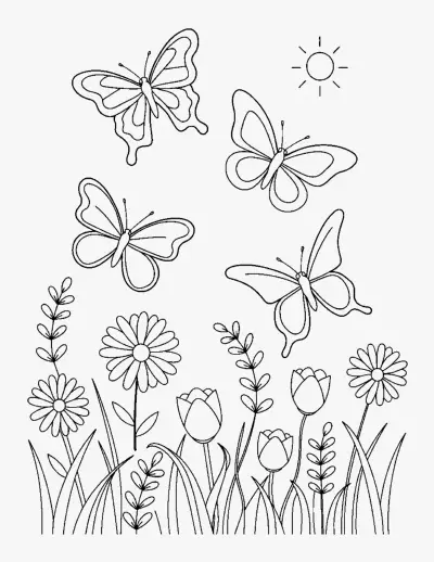 Butterflies over a Garden coloring page