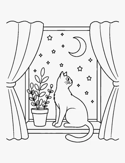 Cat on a Windowsill coloring page