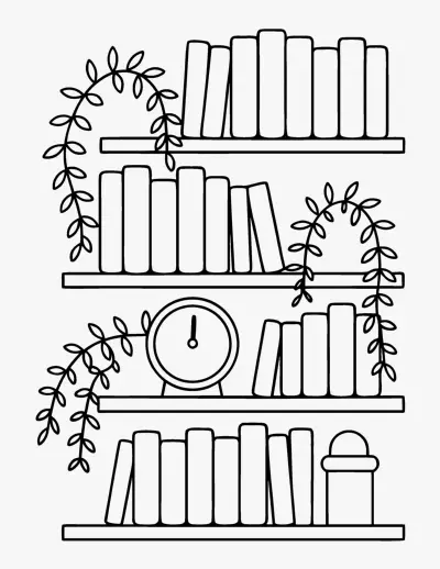 Bookshelf with Plants coloring page