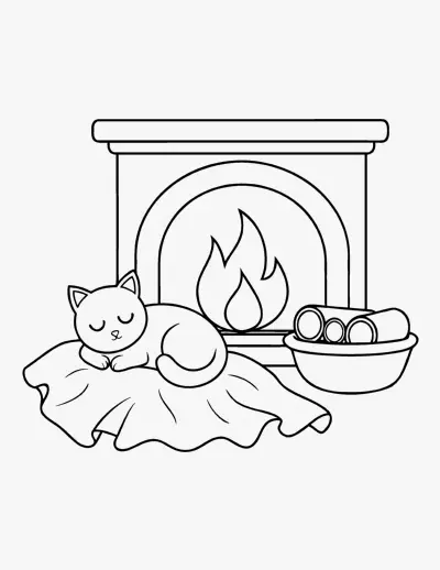 Cat Asleep by the Fire coloring page