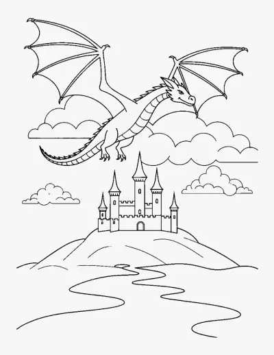 Dragon Flying over a Castle coloring page