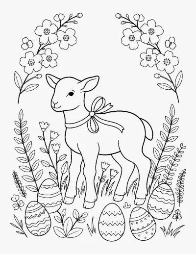 Spring Lamb with Easter Eggs coloring page