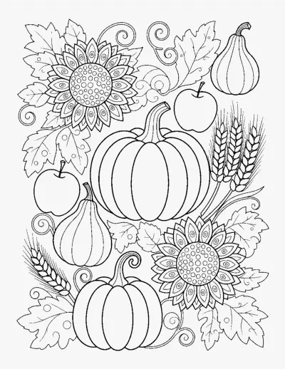 Autumn Harvest with Sunflowers coloring page