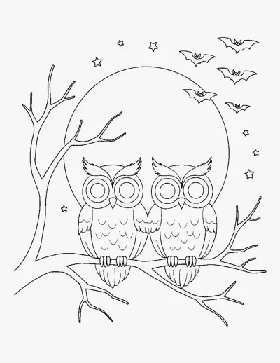 Owls Under a Full Moon coloring page
