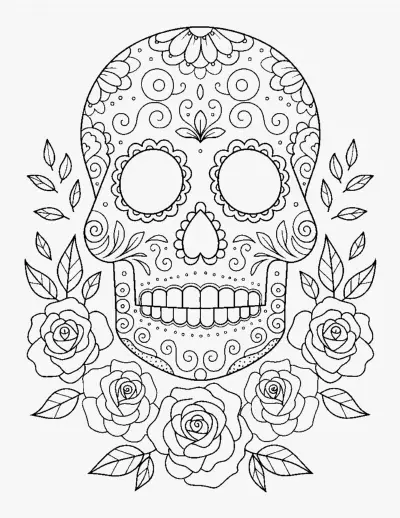 Sugar Skull with Roses coloring page