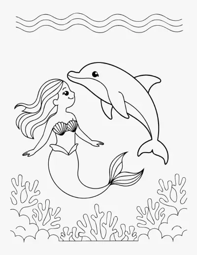 Mermaid and a Dolphin coloring page