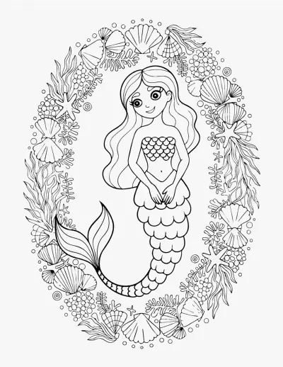 Mermaid in a Shell Frame coloring page