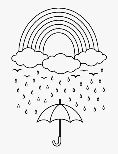 Rainbow with Rain and Umbrella coloring page
