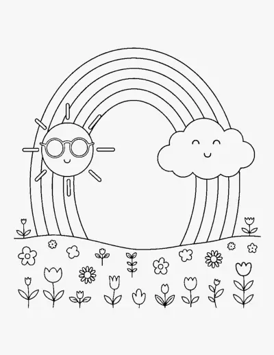 Smiling Sun and Rainbow coloring page