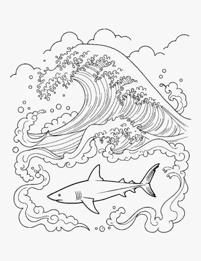 Shark Under a Great Wave coloring page