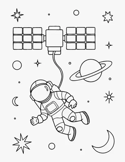 Astronaut and a Space Station coloring page