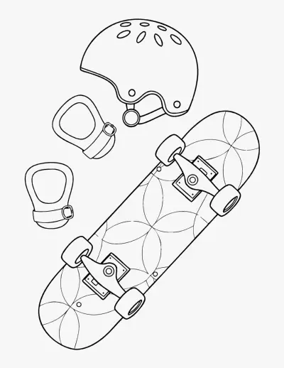 Skateboard and Helmet coloring page