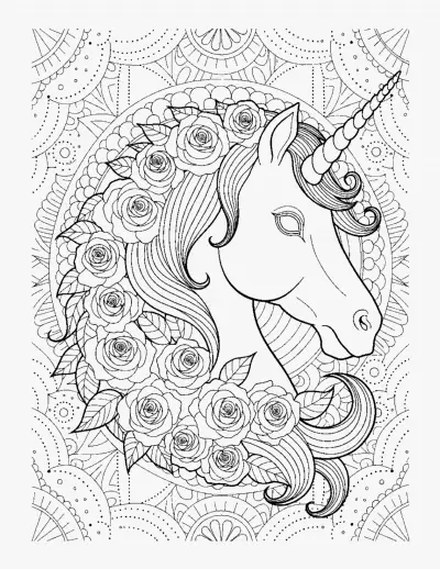 Ornate Unicorn with Roses coloring page