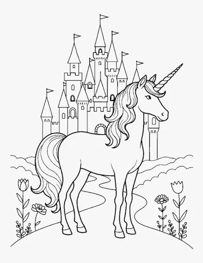 Unicorn and Fairytale Castle coloring page