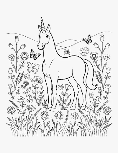 Unicorn in a Flower Meadow coloring page