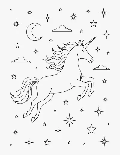 Unicorn Leaping Through the Stars coloring page