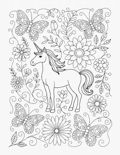 Unicorn with Butterflies and Flowers coloring page