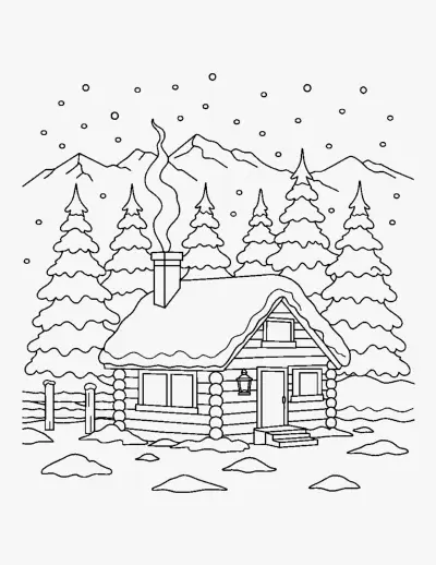 Winter Cabin coloring page