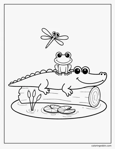 Alligator and Frog on a Log coloring page