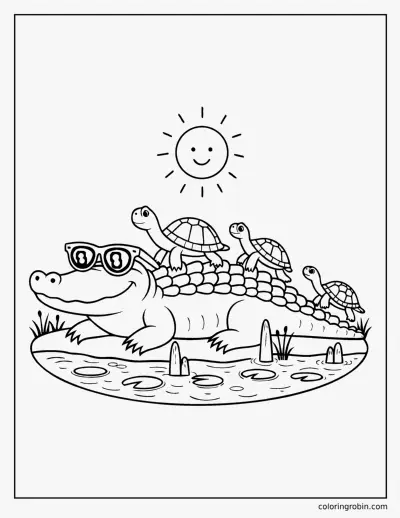 Alligator Sunbathing with Turtles coloring page