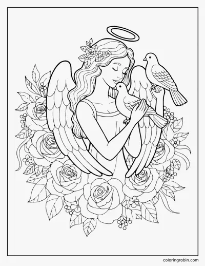 Angel with Doves and Roses coloring page