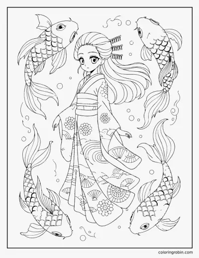 Kimono and Koi coloring page