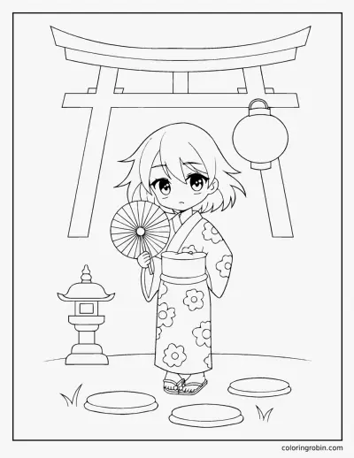 Shrine Visit in Yukata coloring page