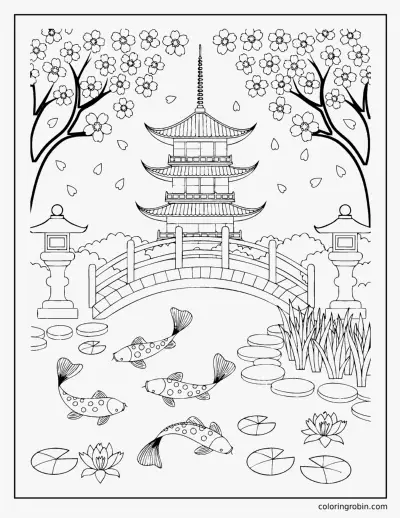Japanese Cherry Blossom Garden coloring page