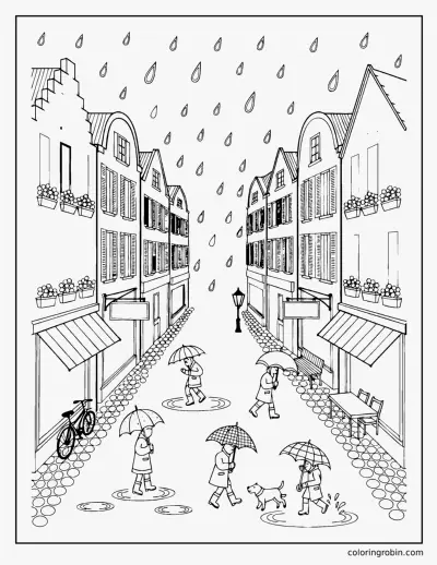 Rainy Day in Town coloring page