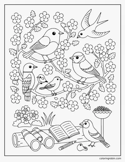 Spring Birdwatching coloring page