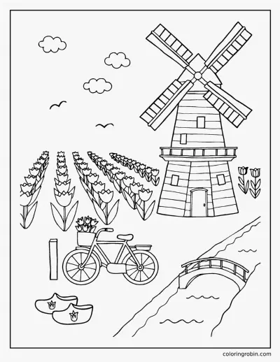 Tulip Fields and Windmill coloring page
