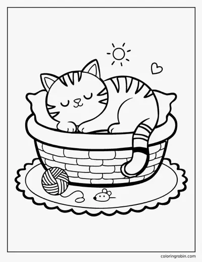 Cat Napping in a Basket coloring page