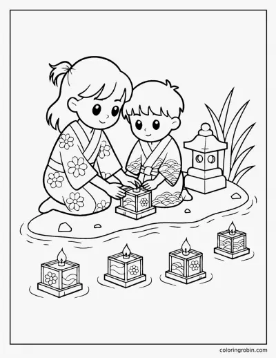 Floating Lanterns at Obon coloring page