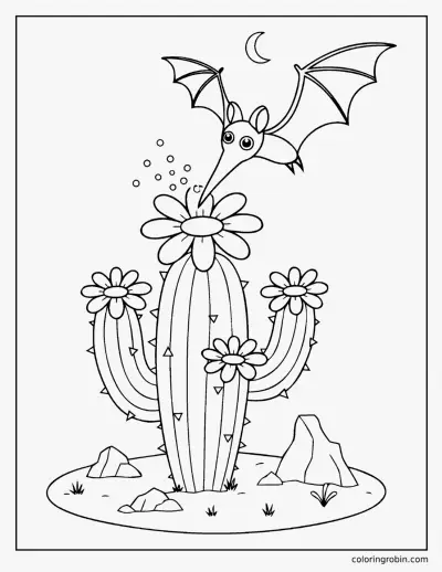 Bat Visiting a Cactus Flower coloring page