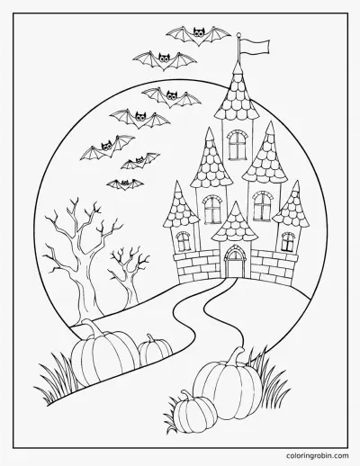 Bats Around a Moonlit Castle coloring page