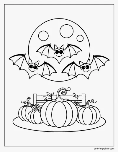 Bats over a Pumpkin Patch coloring page