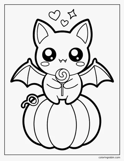 Kawaii Bat on a Pumpkin coloring page