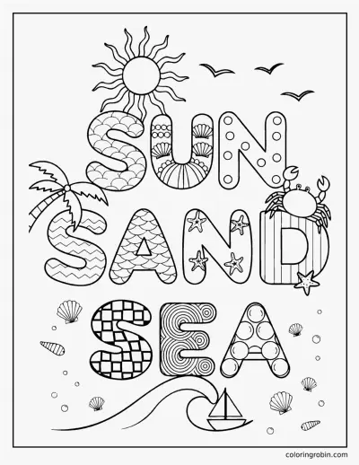 Sun Sand Sea Lettering coloring page