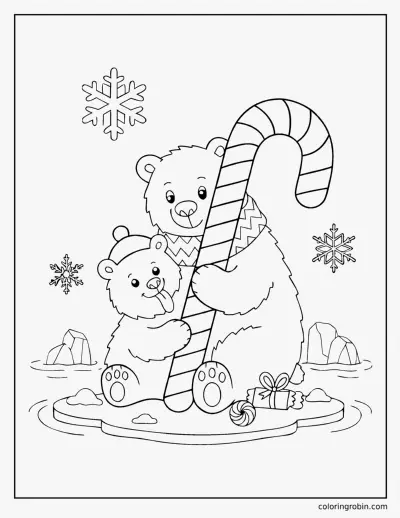 Polar Bears with a Candy Cane coloring page