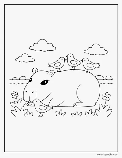 Birds on a Capybara coloring page