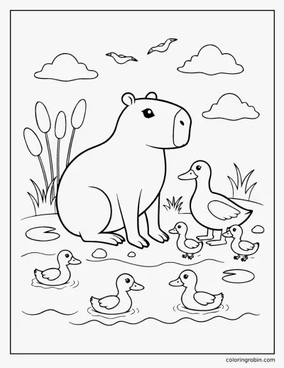 Capybara and Ducklings coloring page