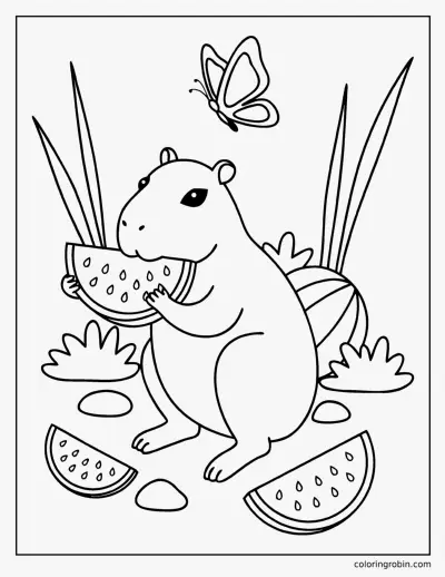 Capybara Eating Watermelon coloring page