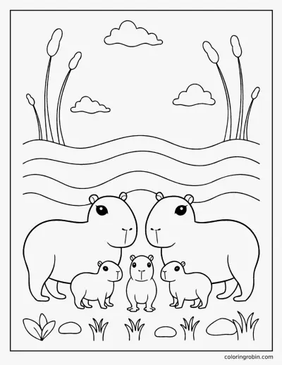 Capybara Family at the River coloring page