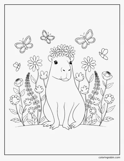 Capybara in a Flower Meadow coloring page