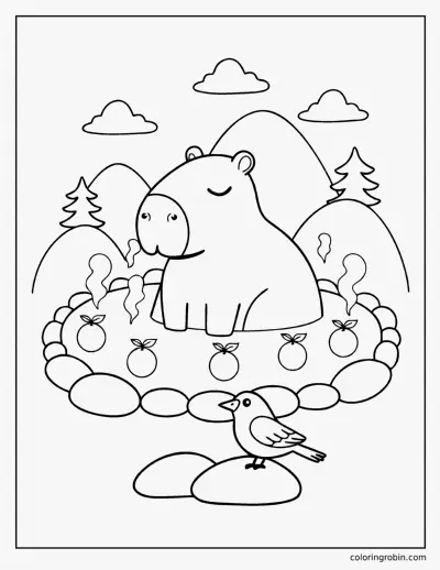 Capybara in the Hot Spring coloring page