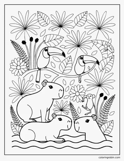 Capybara Jungle Scene coloring page