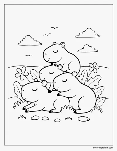 Capybara Nap Pile coloring page