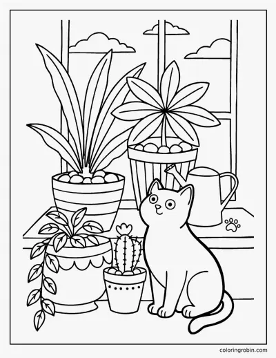 Cat Among Houseplants coloring page